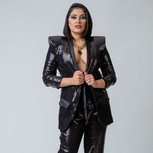 Black Sequined Blazer with High-Waisted Trousers